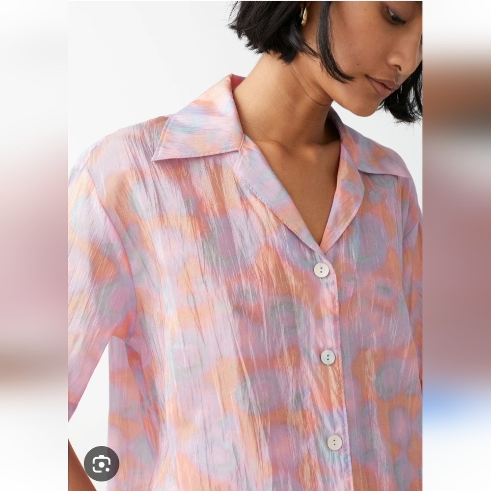 & Other Stories Boxy Short Sleeve Button Blouse Crinkle Pink Orange Blue Size 4 - Picture 8 of 14